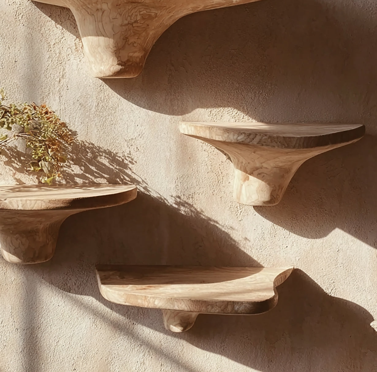 Rustic Mushroom Floating Shelves with Hidden Brackets – Artisanal Wood Home Decor