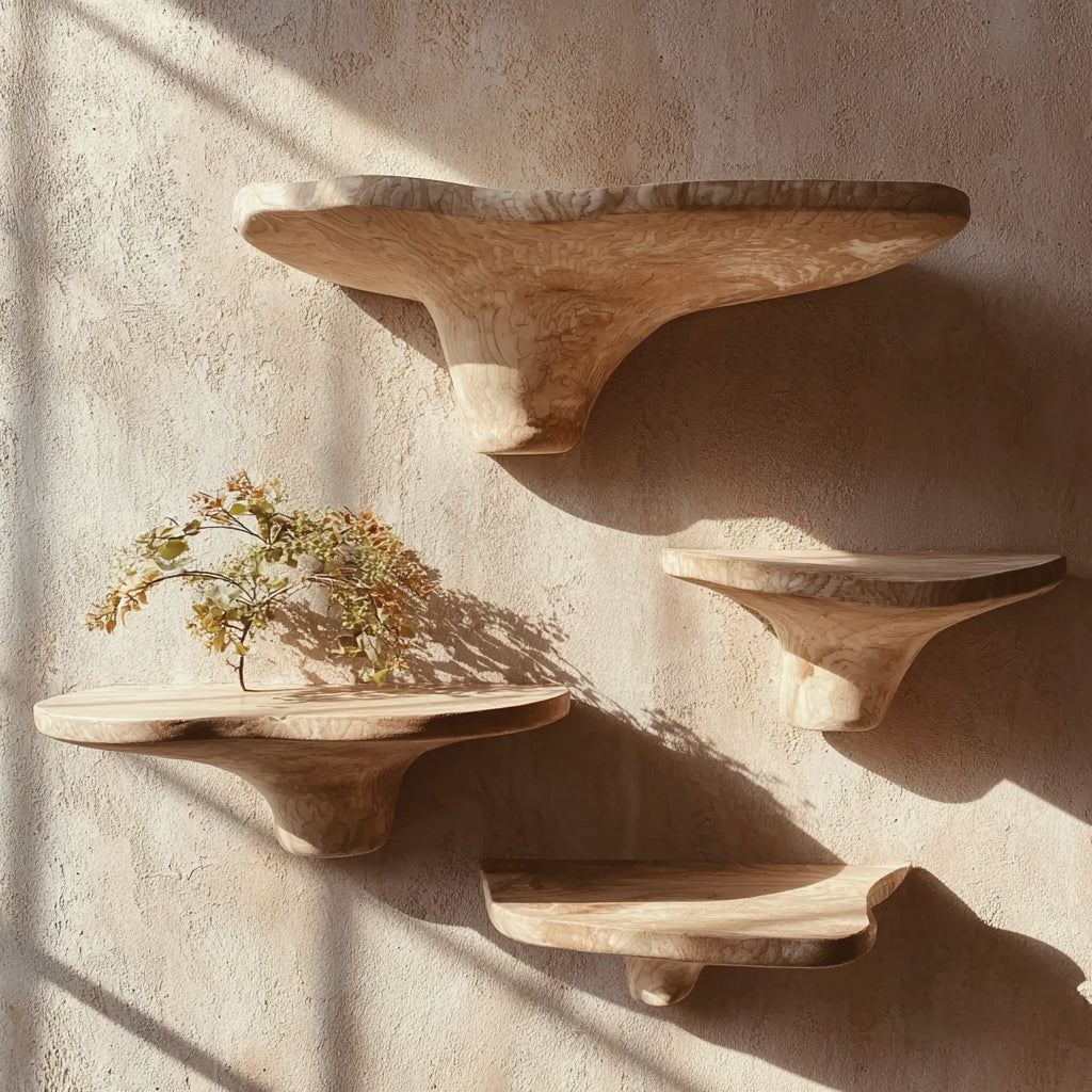 Rustic Mushroom Floating Shelves with Hidden Brackets – Artisanal Wood Home Decor