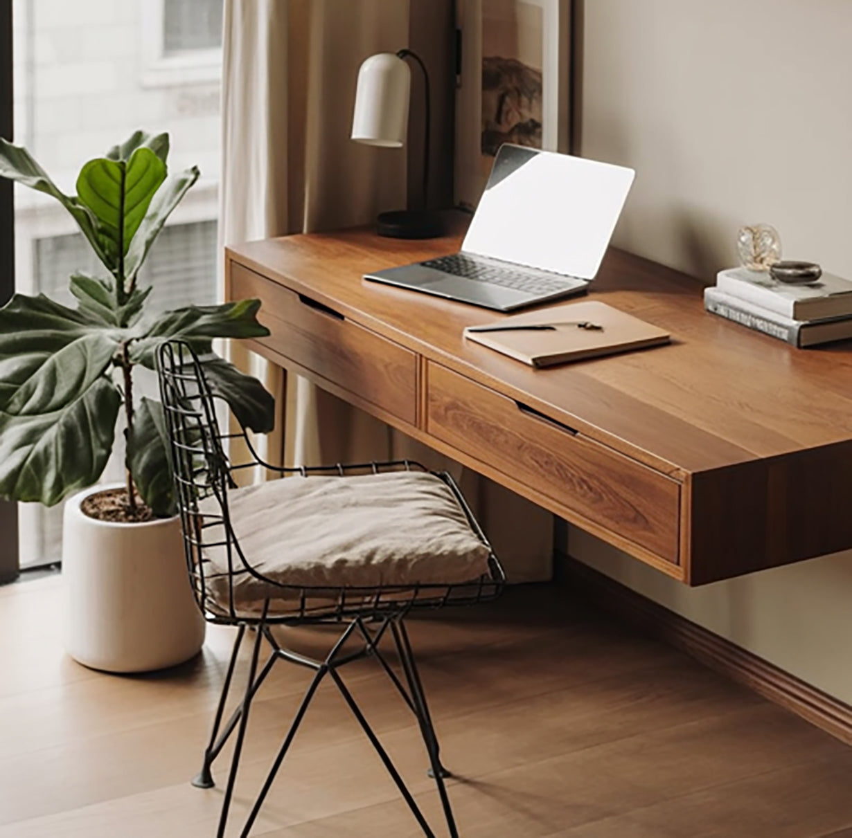 Modern Floating Wall Desk with Drawers – Minimalist Solid Wood Home Office Desk