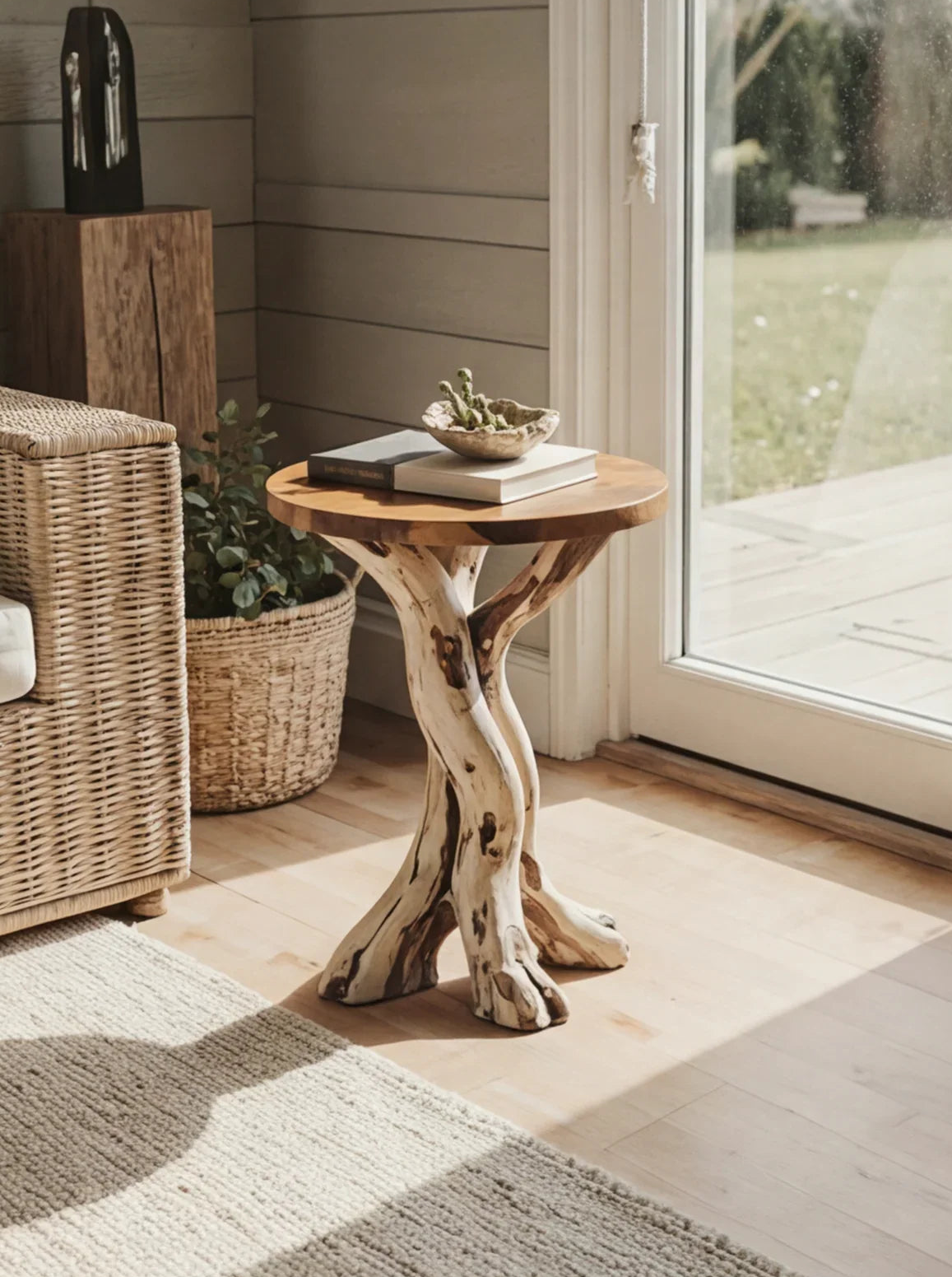 Live edge solid wood side table with twisted base in sunlit modern living room