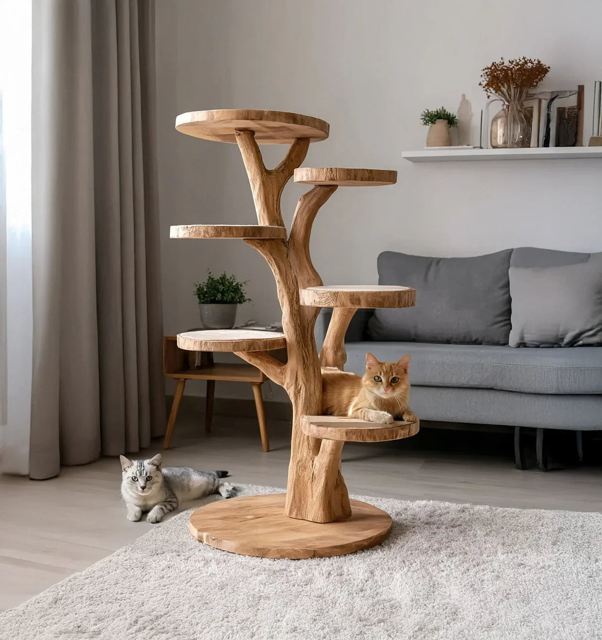 Handmade wooden cat tower crafted from natural hardwood