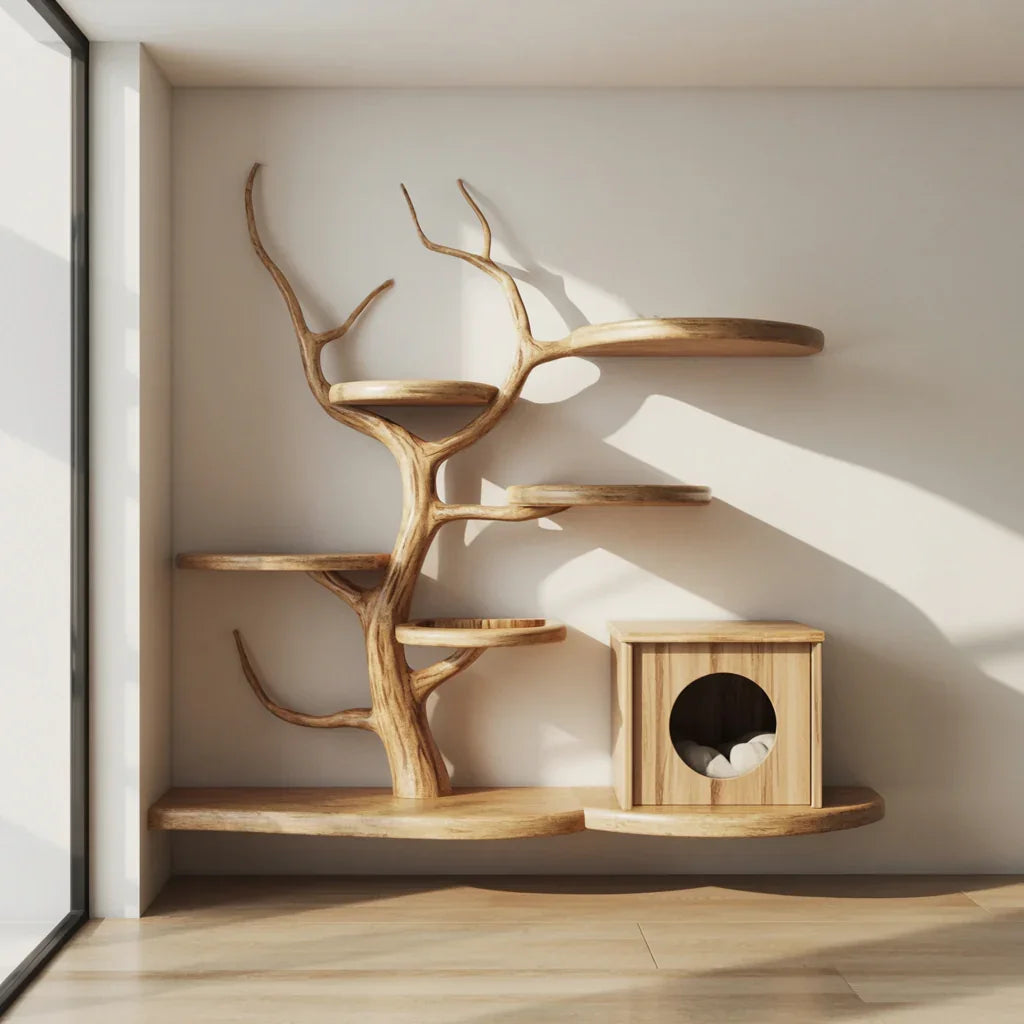 Mid-Century Wooden Cat Tree Tower – Stylish Cat Climbing Furniture