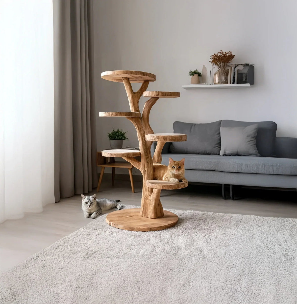 Modern solid wood cat climbing tower in a contemporary living room