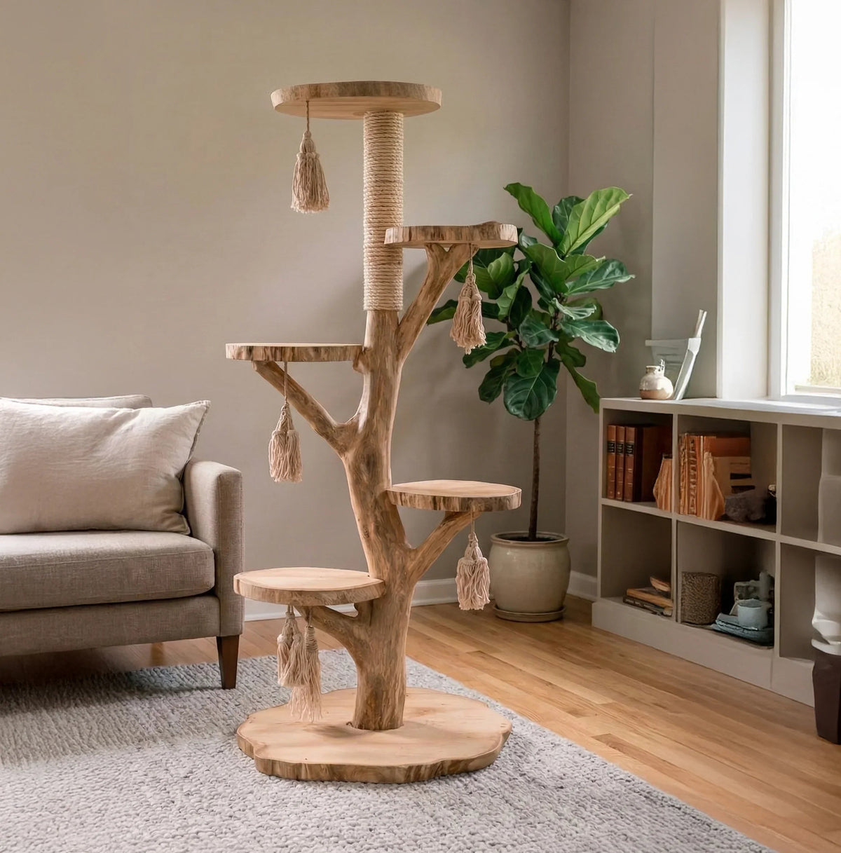 Sculptural solid wood cat climbing condo in a modern living room