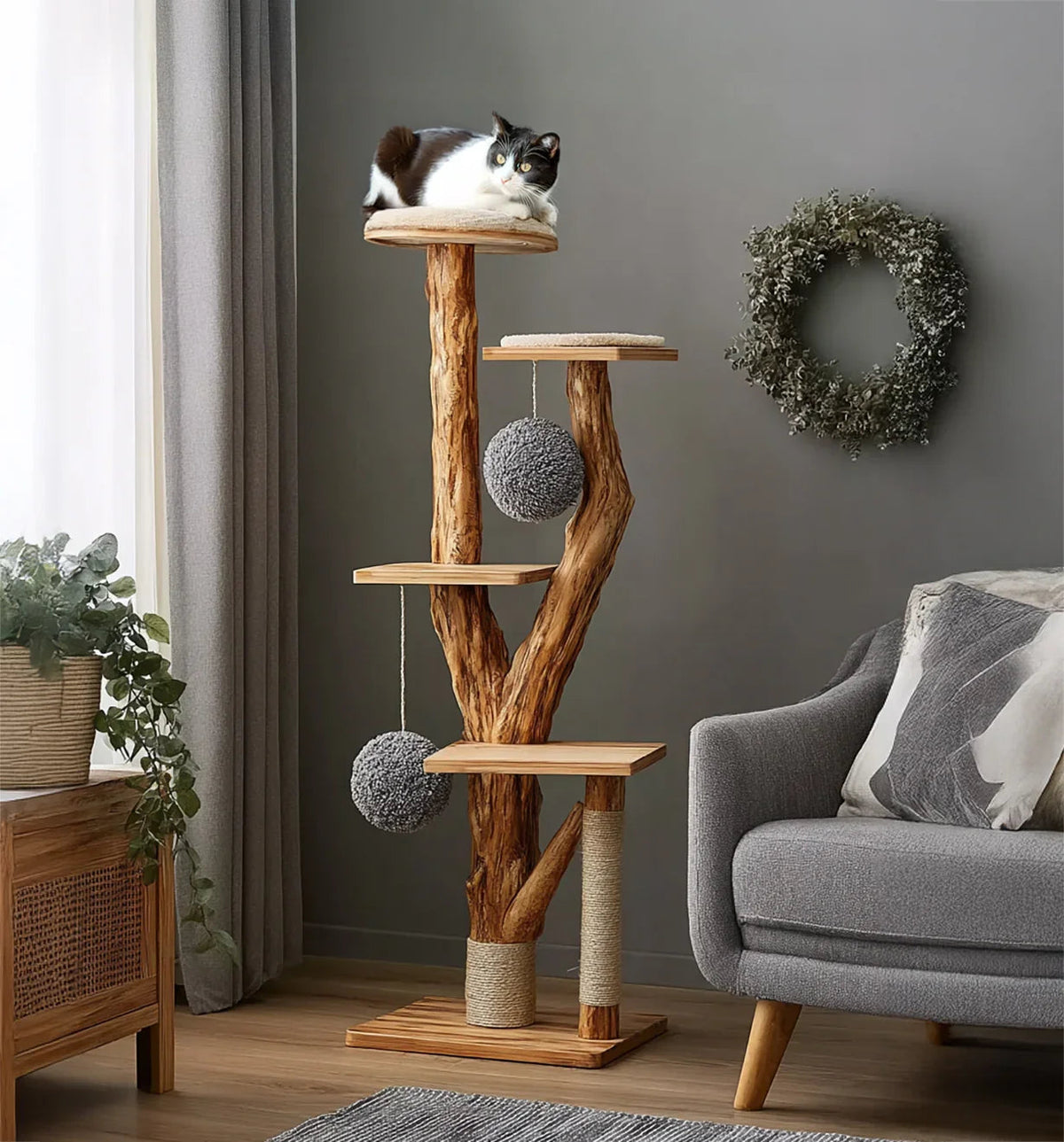 Rustic wooden cat tree crafted from natural hardwood