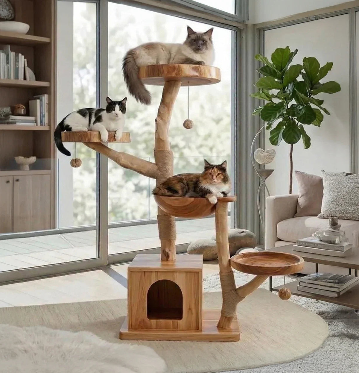 Handcrafted rustic tree cat tower in solid wood