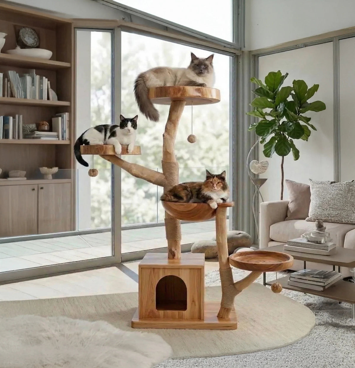 Handcrafted solid wood tree cat tower in a modern living room