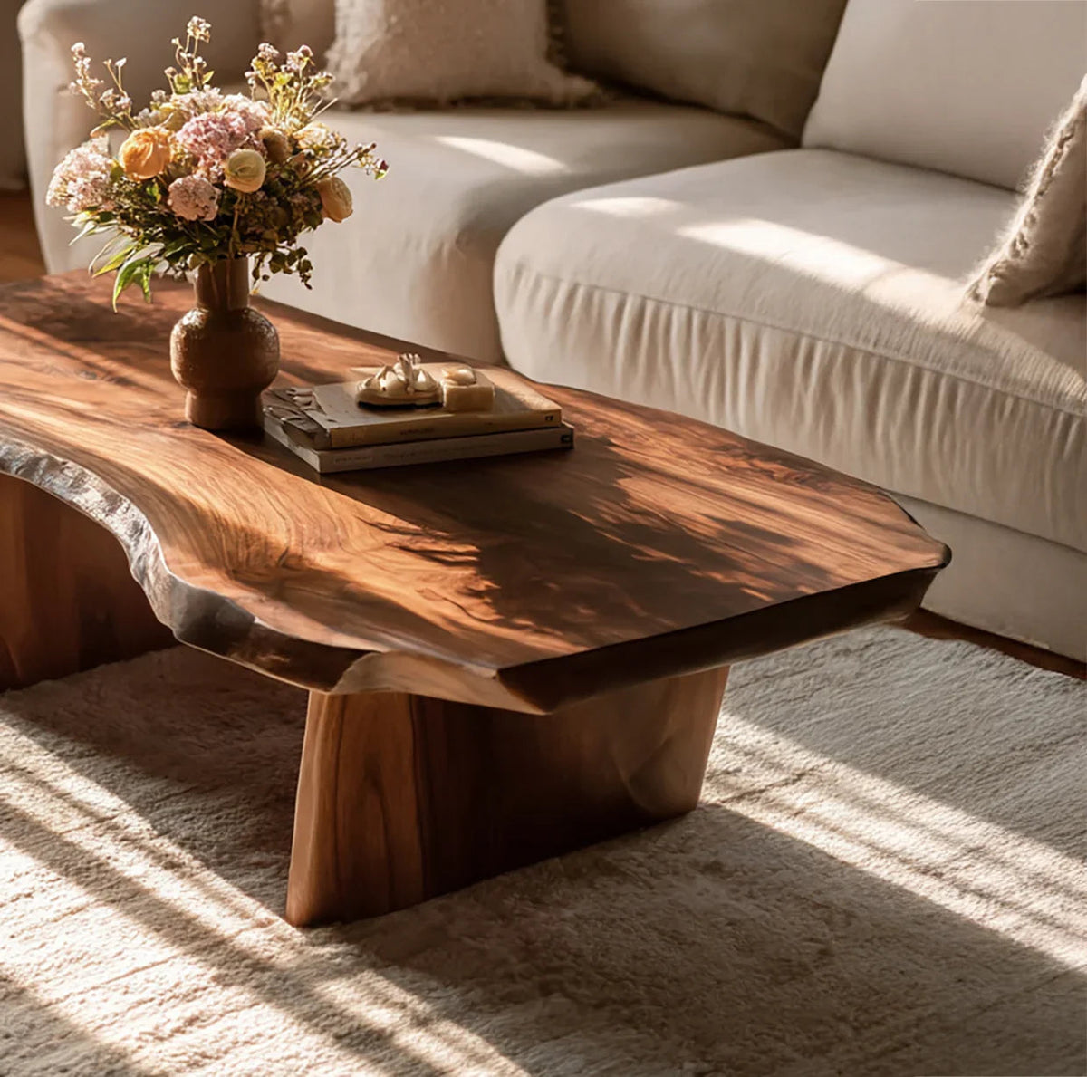 rustic handmade solid wood coffee table in living room with natural wood grain detail