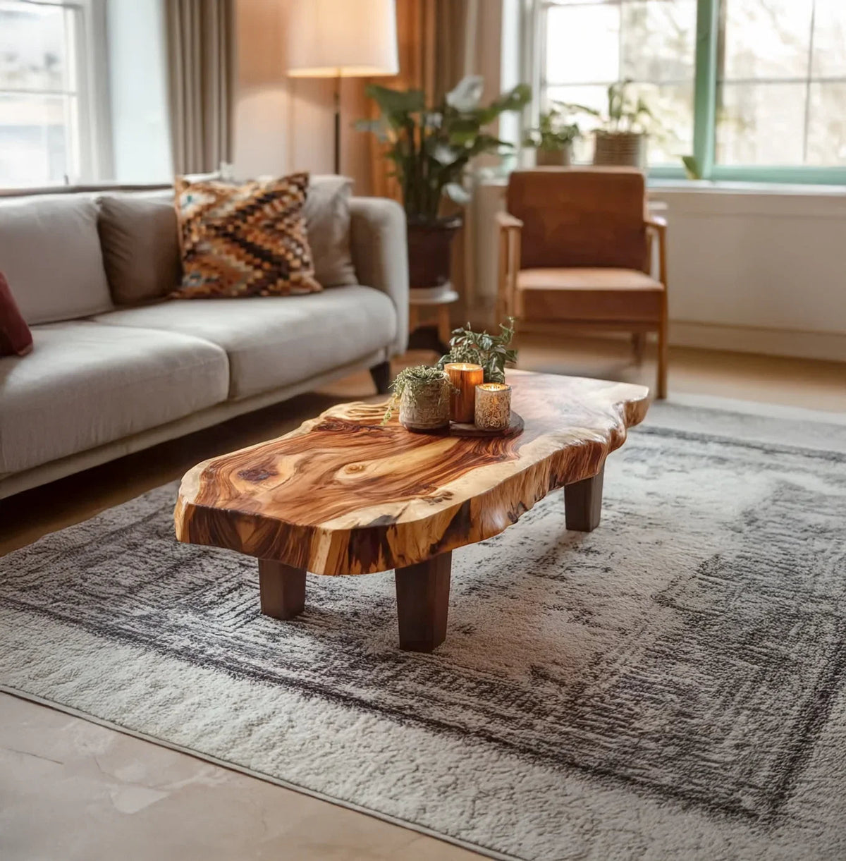 vintage inspired natural wood coffee table in cozy living room with warm decor