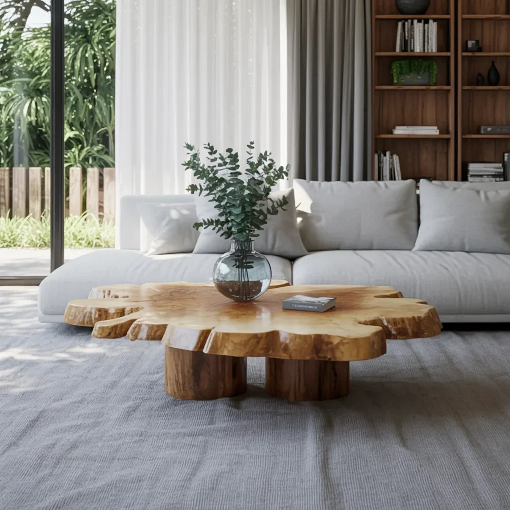 Handcrafted solid living room coffee table with natural live edge design