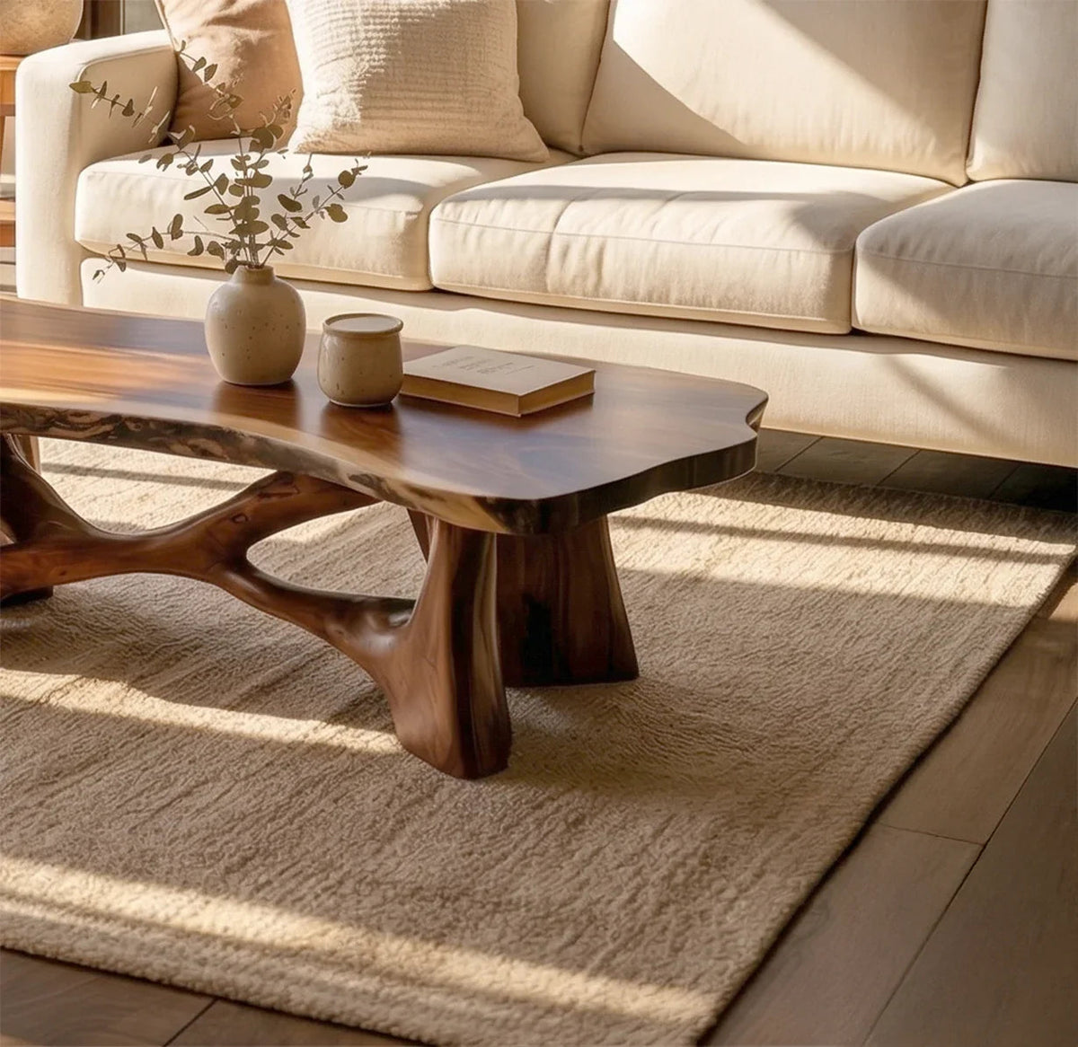 rustic live edge wood slab coffee table in living room with natural wood grain texture