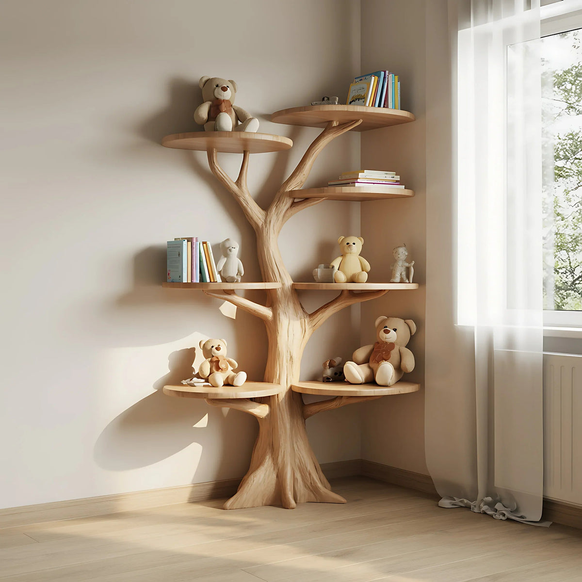 Tree bookshelf for kids standing in corner decorated with cute teddy bears