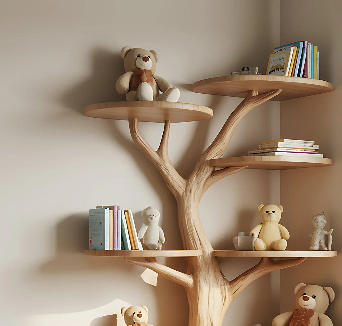 Childrens tree bookshelf handmade solid wood furniture with stuffed animals in playroom