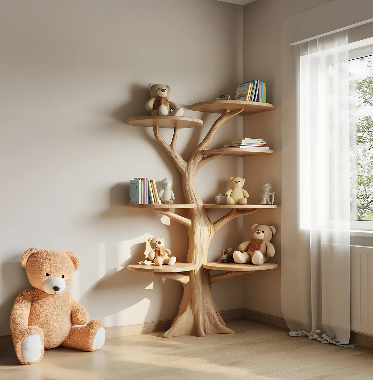 Tree bookshelf for kids standing in corner decorated with cute teddy bears