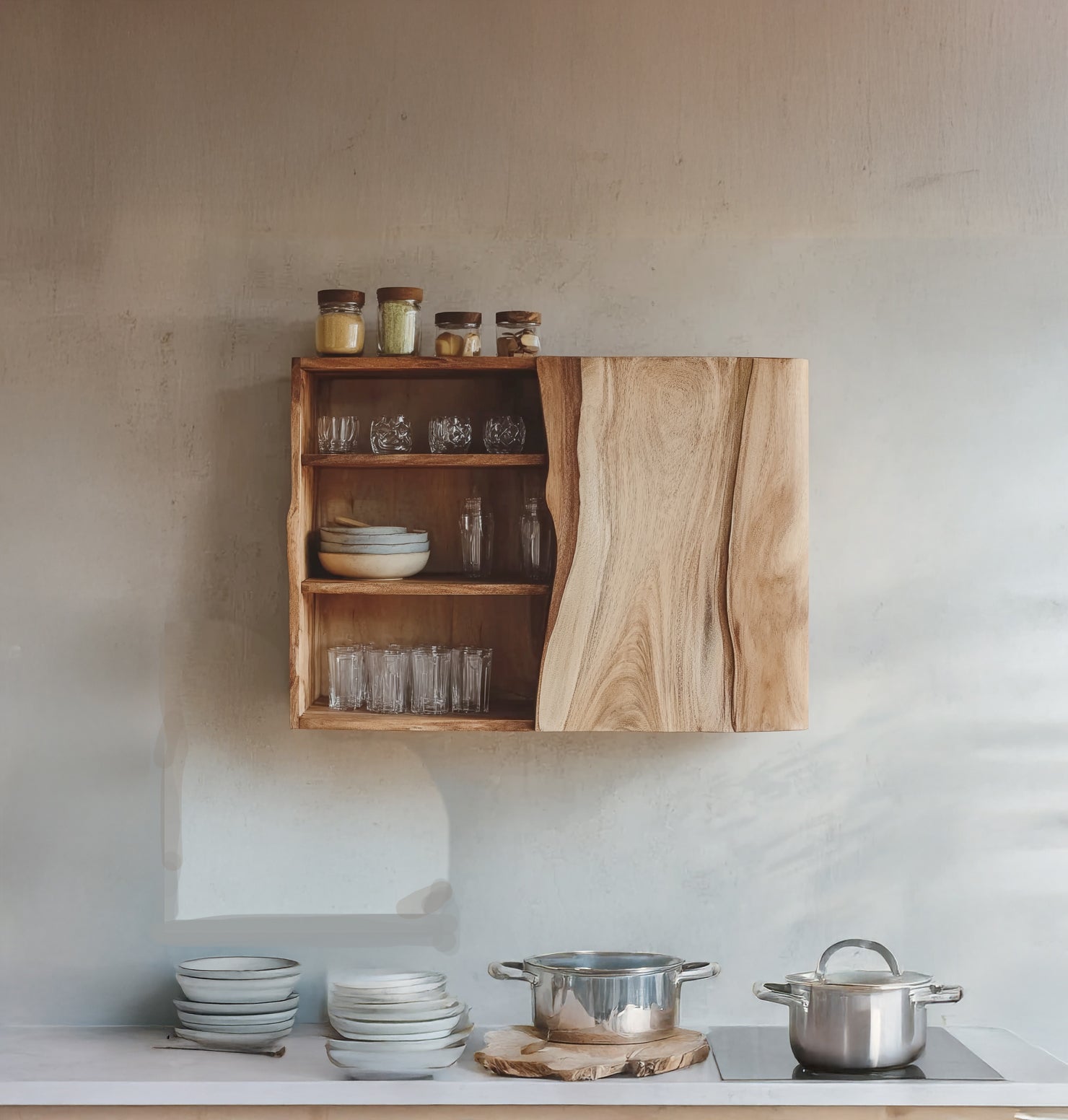 Handcrafted Solid Wood Wall Cabinet with Live Edge Door – Rustic Kitchen Storage Shelf