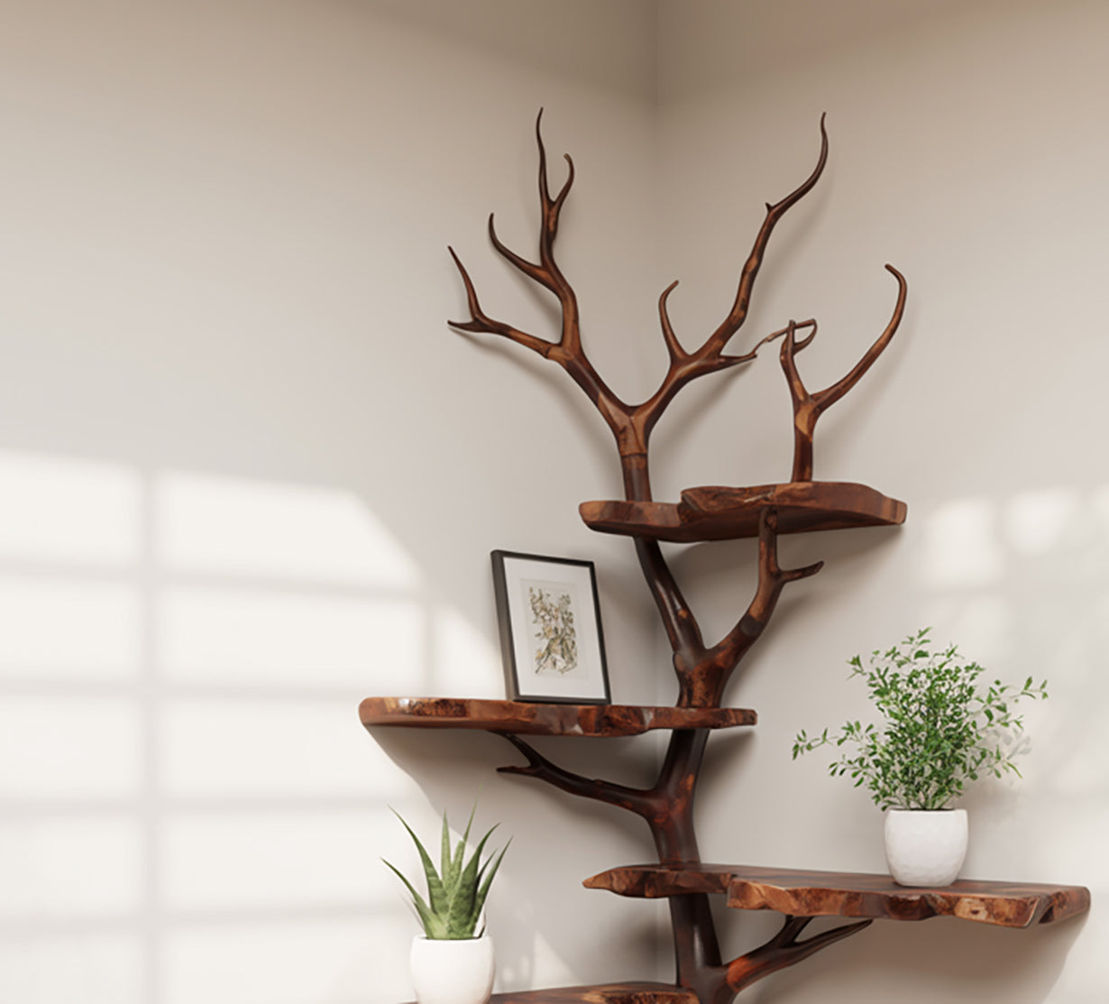 Corner Live Edge Shelf – Driftwood Tree Branch Floating Bookshelf
