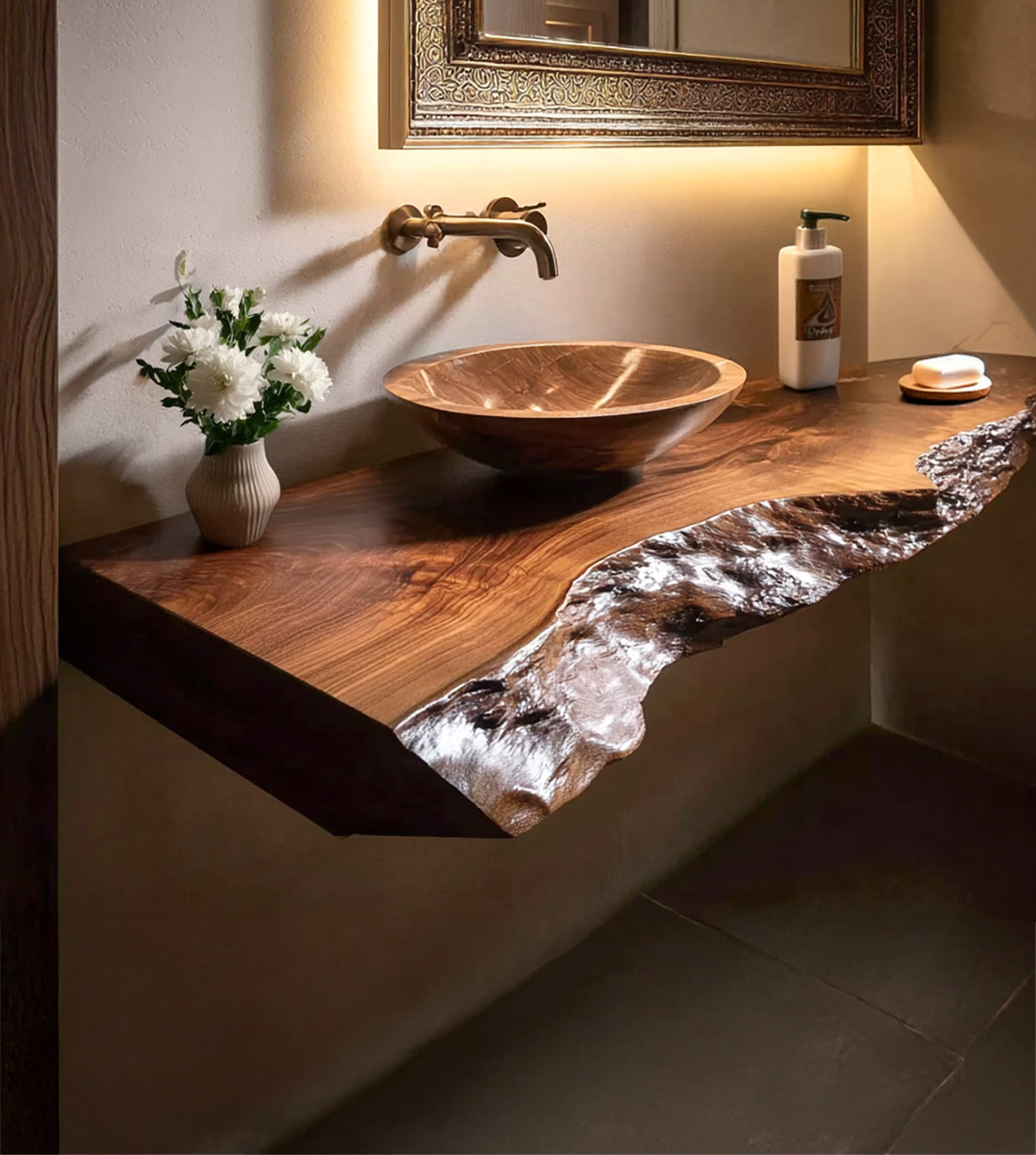 Rustic Live Edge Bathroom Vanity Shelf – Handmade Floating Wood Shelf