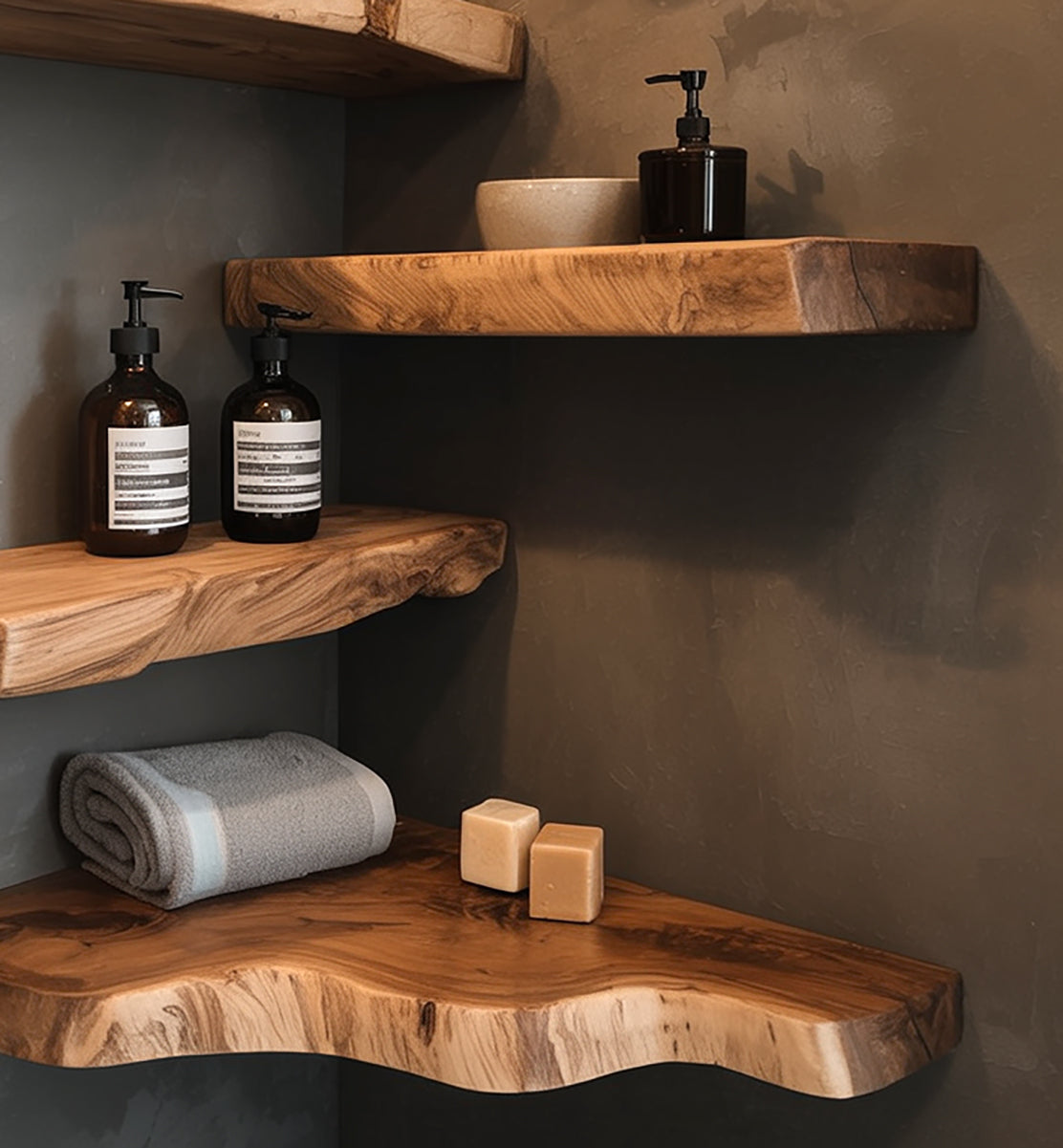 Live Edge Corner Floating Shelves – Handmade Solid Wood Wall Shelves