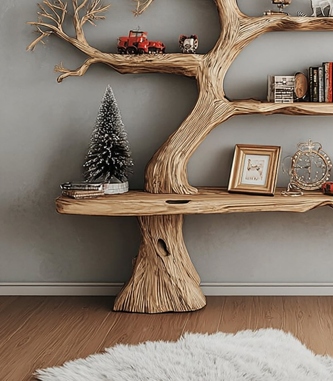 Rustic Tree Shaped Wooden Bookshelf with Branch Design for Living Room or Home Library