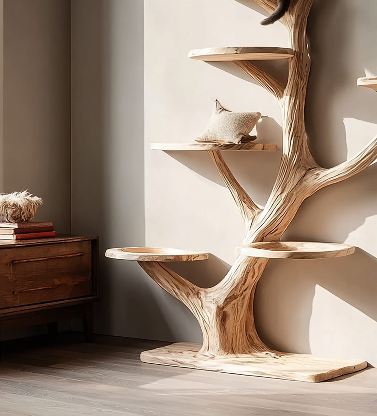 Handmade Wooden Cat Tree Tower – Solid Wood Multi-Level Rustic Cat Furniture