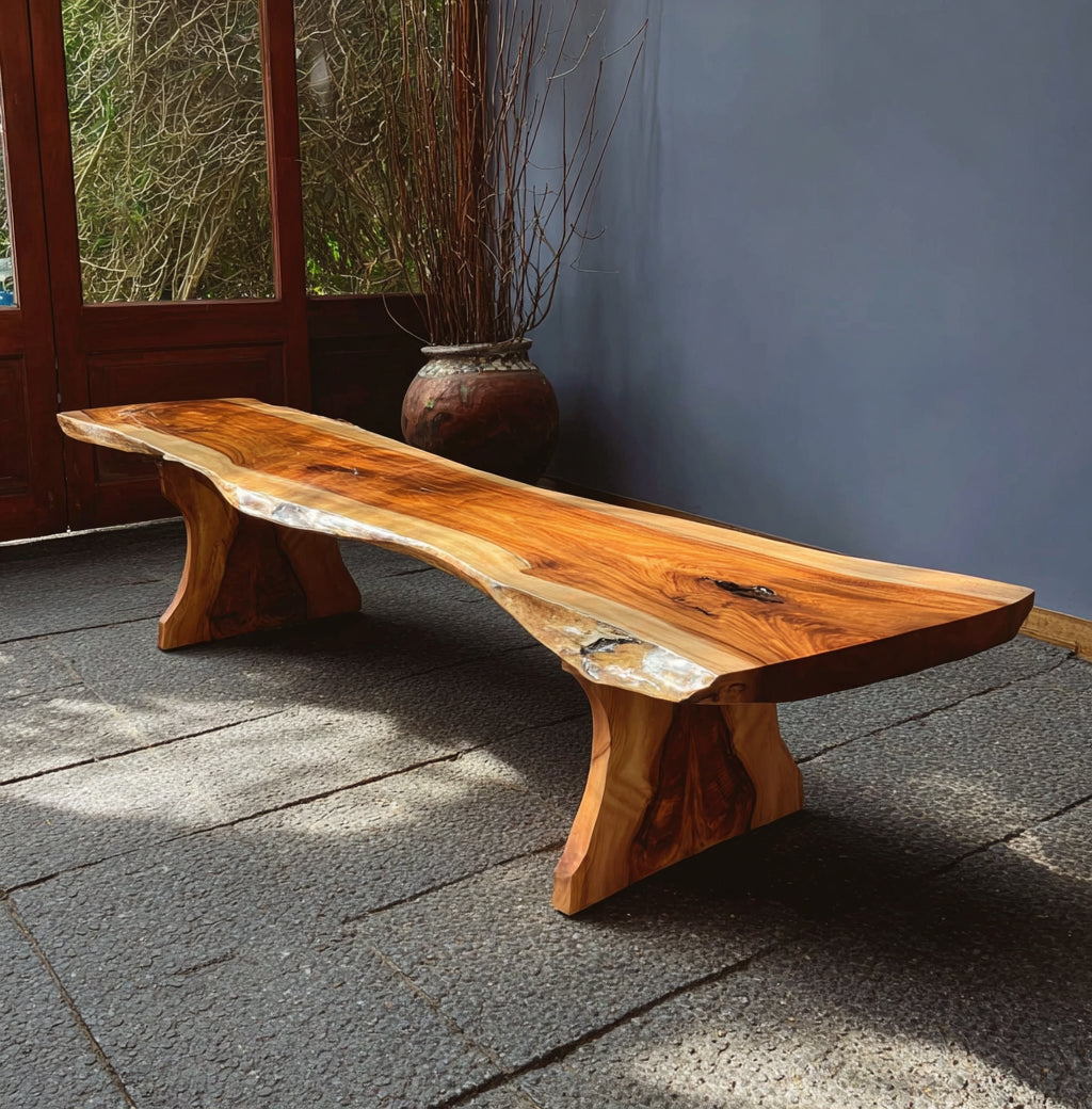 Handcrafted Modern Wooden Bench– Sculptural Live Edge Design for Indoor or Outdoor Spaces
