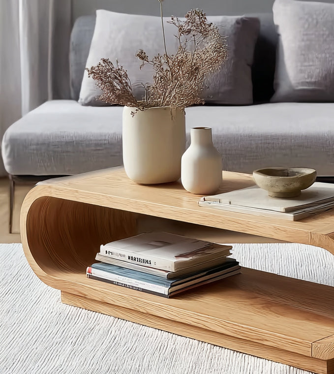 Modern Curved Wood Coffee Table – Minimalist Oak Center Table with Storage Shelf