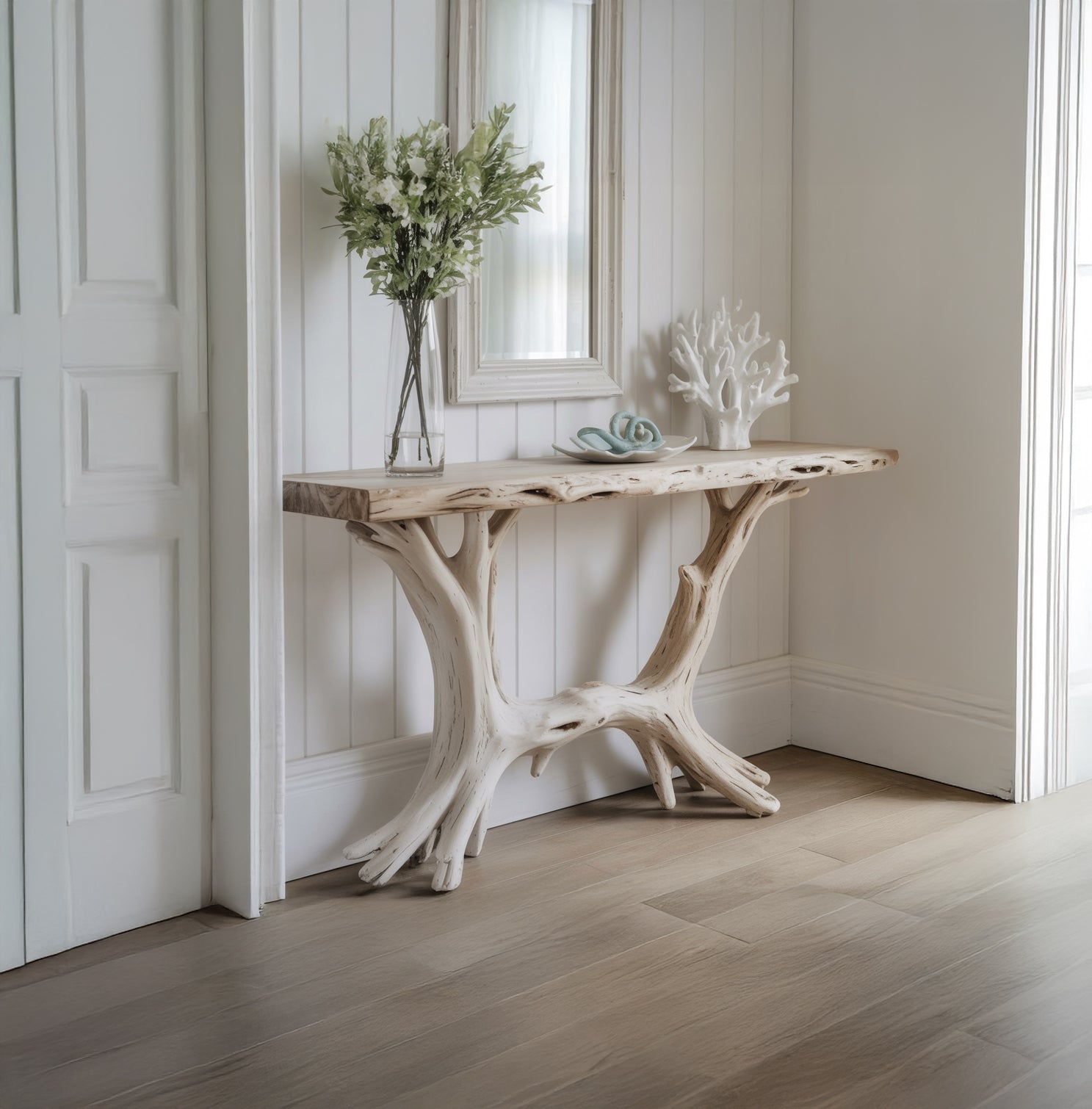 Artisanal Live Edge Console Table with Sculptural Wood Base