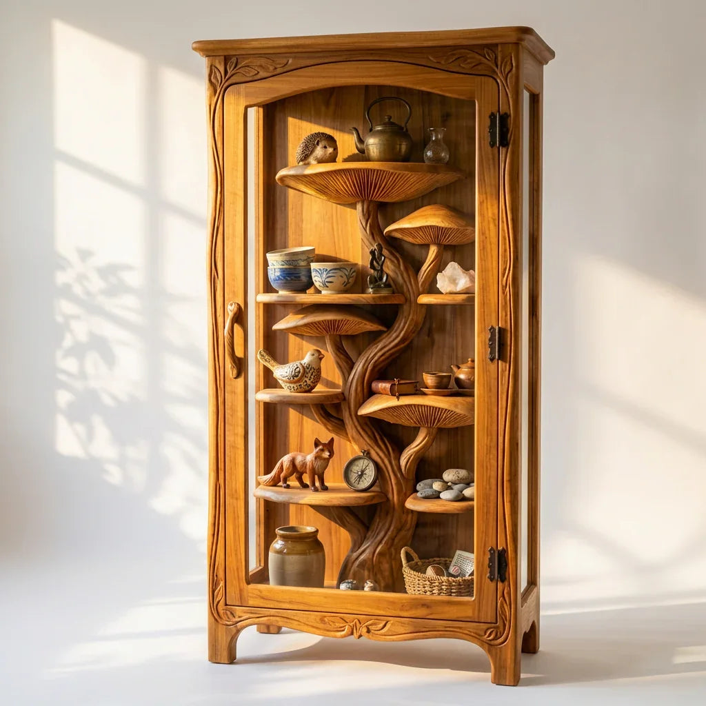 Mushroom Tree Glass Display Cabinet with Hand-Carved Tree Trunk Shelves and Vine-Carved Frame, Handcrafted Solid Wood Curio Cabinet for Living Room and Dining Room - Ashdeco 2026