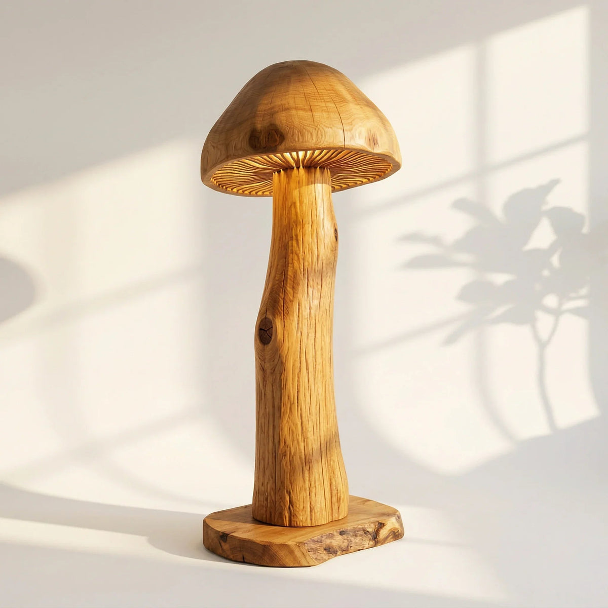 Handcrafted solid wood mushroom-shaped table lamp on a neutral background