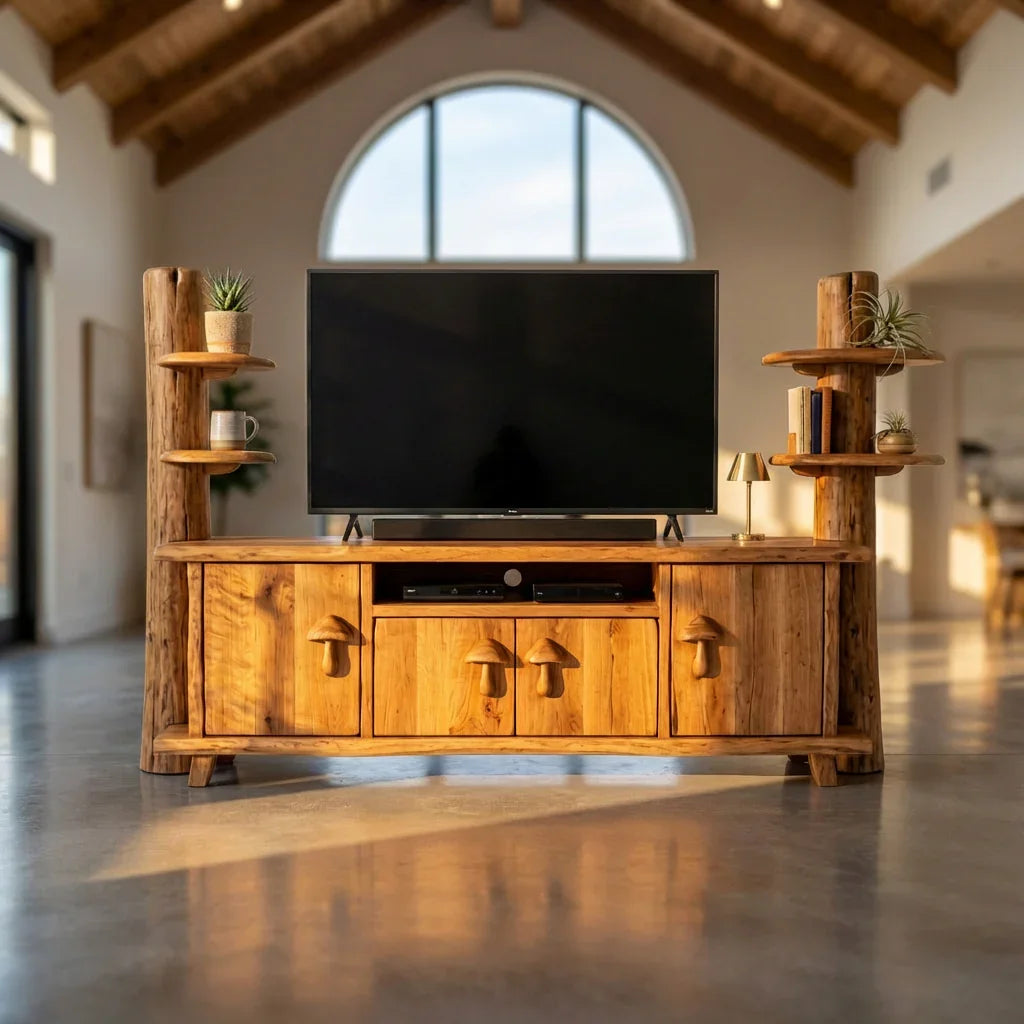 Mushroom Tree Trunk TV Stand with Carved Mushroom Handles, Handcrafted Solid Wood Entertainment Center with Side Shelves, Rustic Media Console for Living Room - Ashdeco 2026