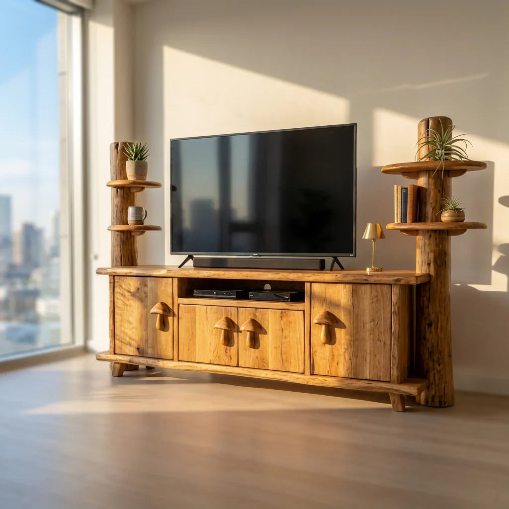 Mushroom Tree Trunk TV Stand with Carved Mushroom Handles, Handcrafted Solid Wood Entertainment Center with Side Shelves, Rustic Media Console for Living Room - Ashdeco 2026
