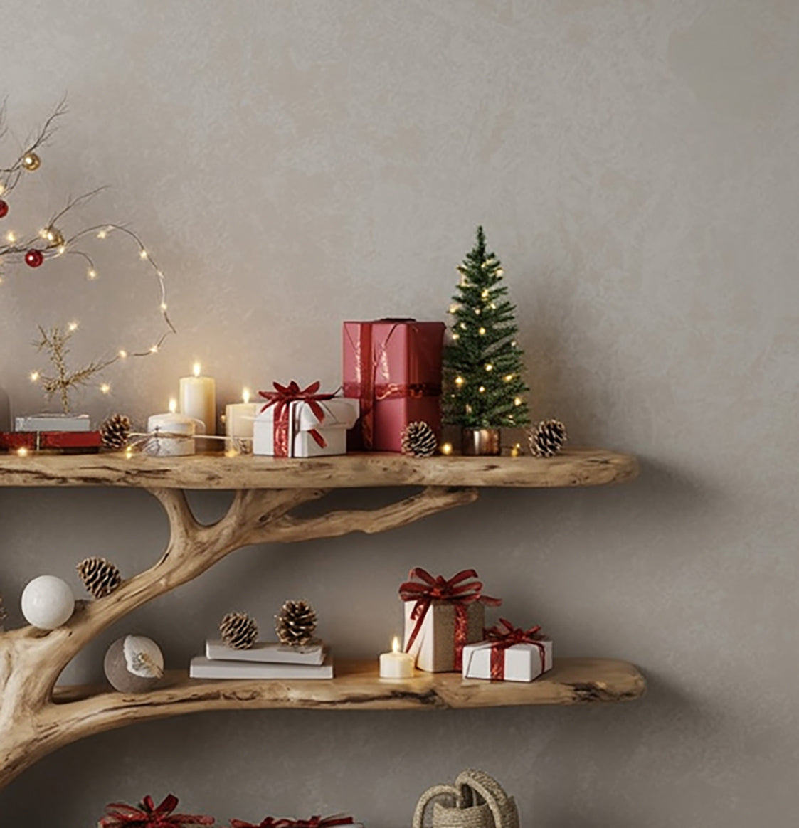 Console Narrow Table with Tree Branch Bookshelf – Rustic Live Edge Wood