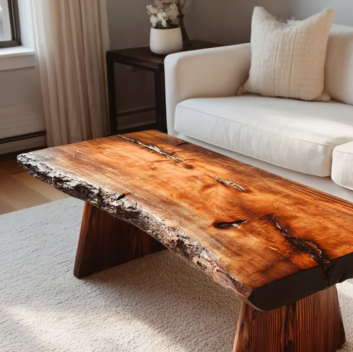 Rustic Handmade Wooden Coffee Table – Live Edge Solid Wood Farmhouse Trestle Table