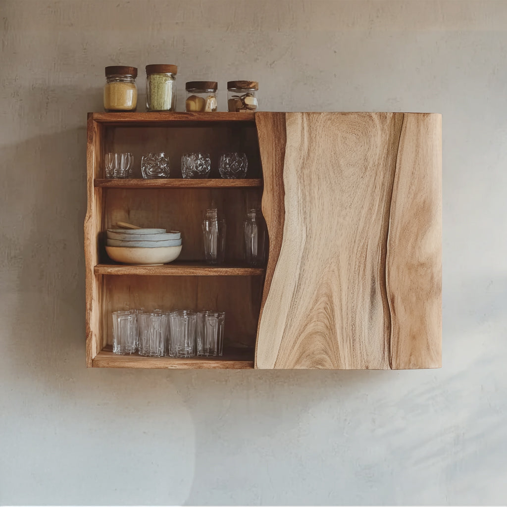 Handcrafted Solid Wood Wall Cabinet with Live Edge Door – Rustic Kitchen Storage Shelf