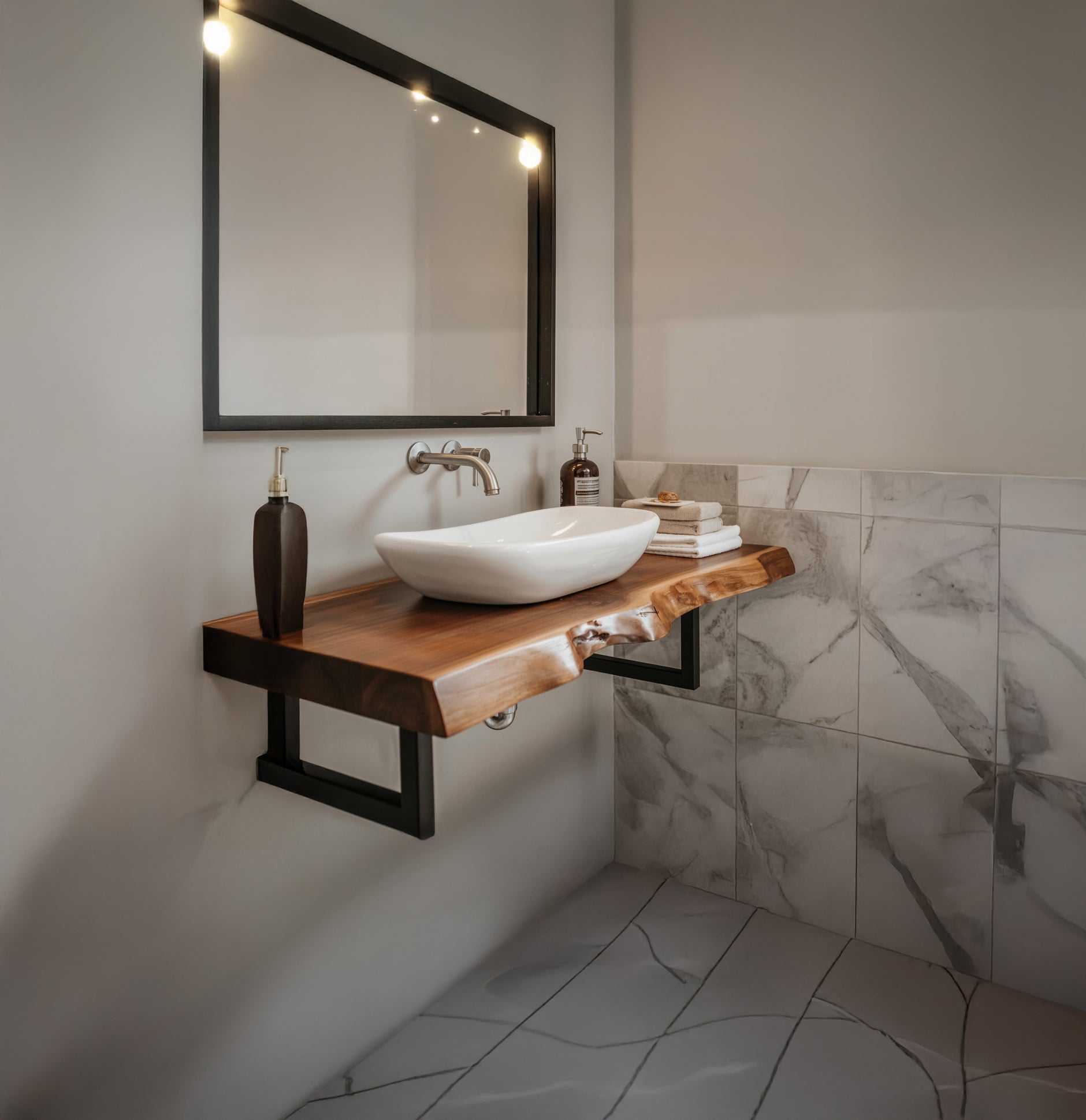 Rustic Live Edge Wooden Bathroom Vanity Shelf with Modern Metal Brackets