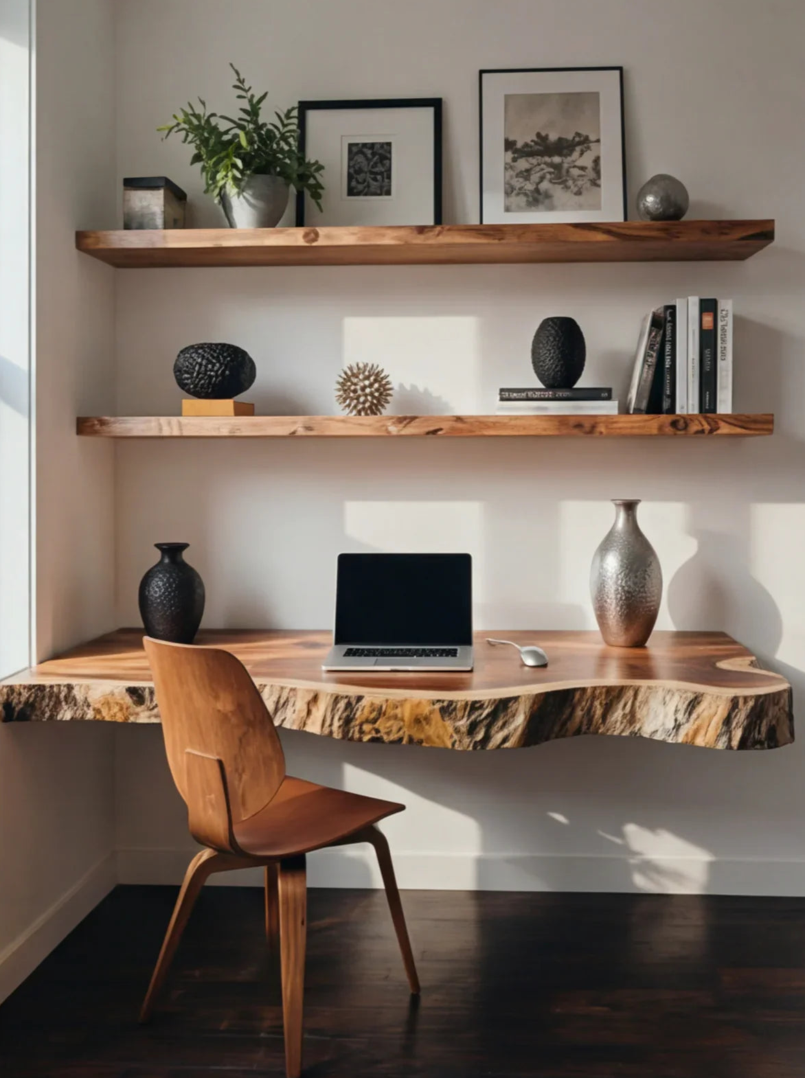 Live edge wood floating desk, wooden chair, and wall-mounted shelves in modern home office