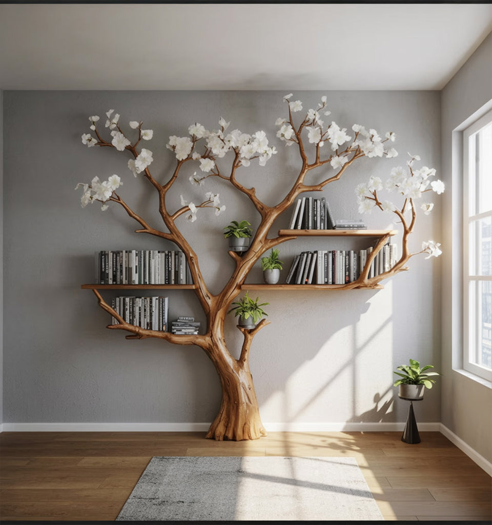 Unique wooden tree bookshelf with white blossoms holding books and plants in a sunlit modern room