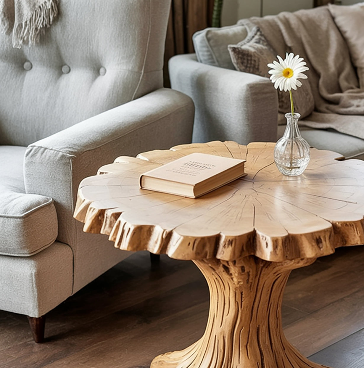 Solid Wood Round Coffee Table – Live Edge Tree Trunk Design