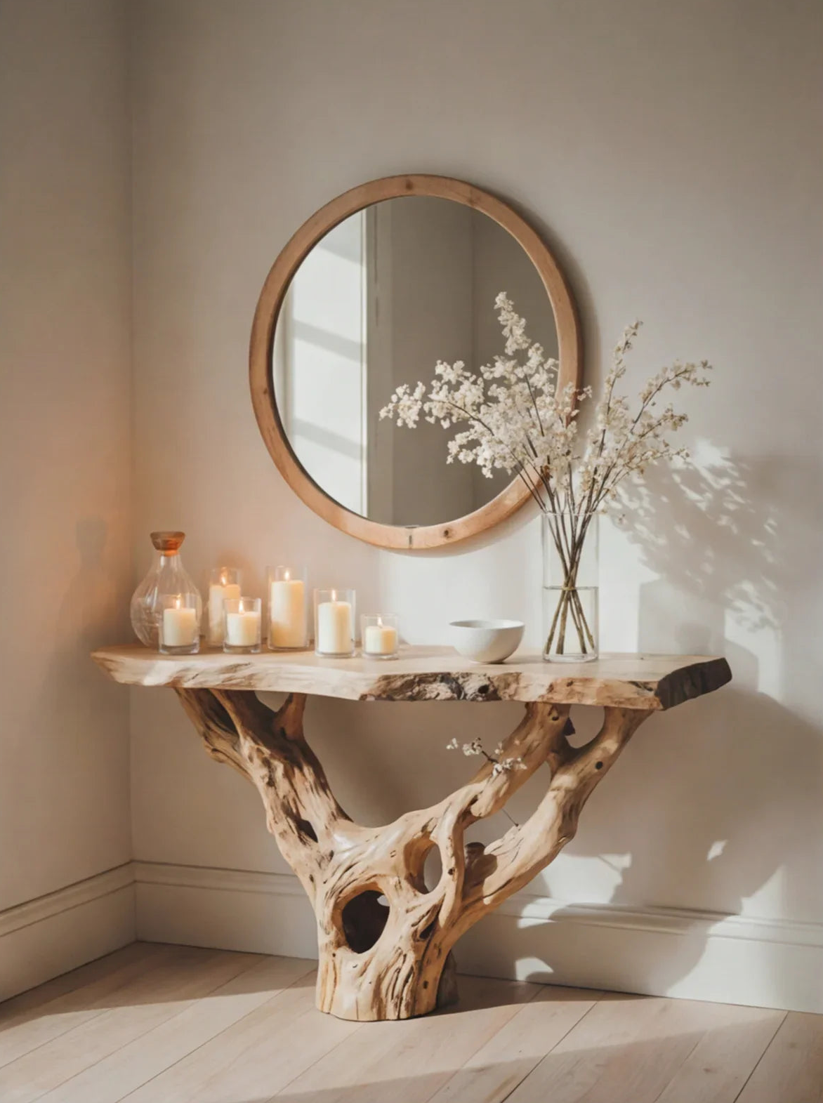 Live edge wood console table with sculptural base, round mirror, candles, and floral vase