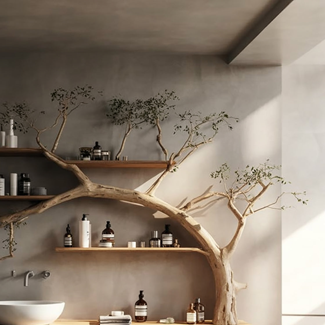 Tree Branch Bathroom Vanity & Floating Shelves – Solid Wood Sink Console