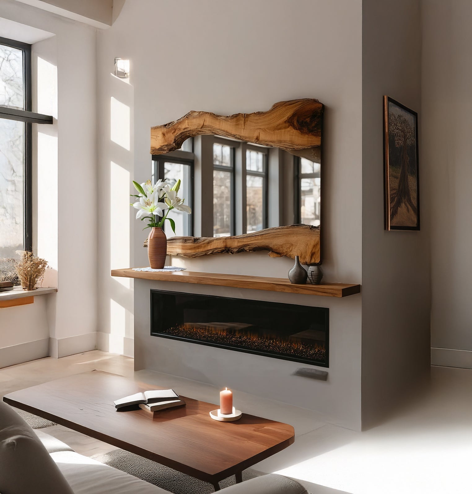 Handmade Olive Wood Wall Mirror – Rustic Live Edge Wooden Mirror with LED & Epoxy Design