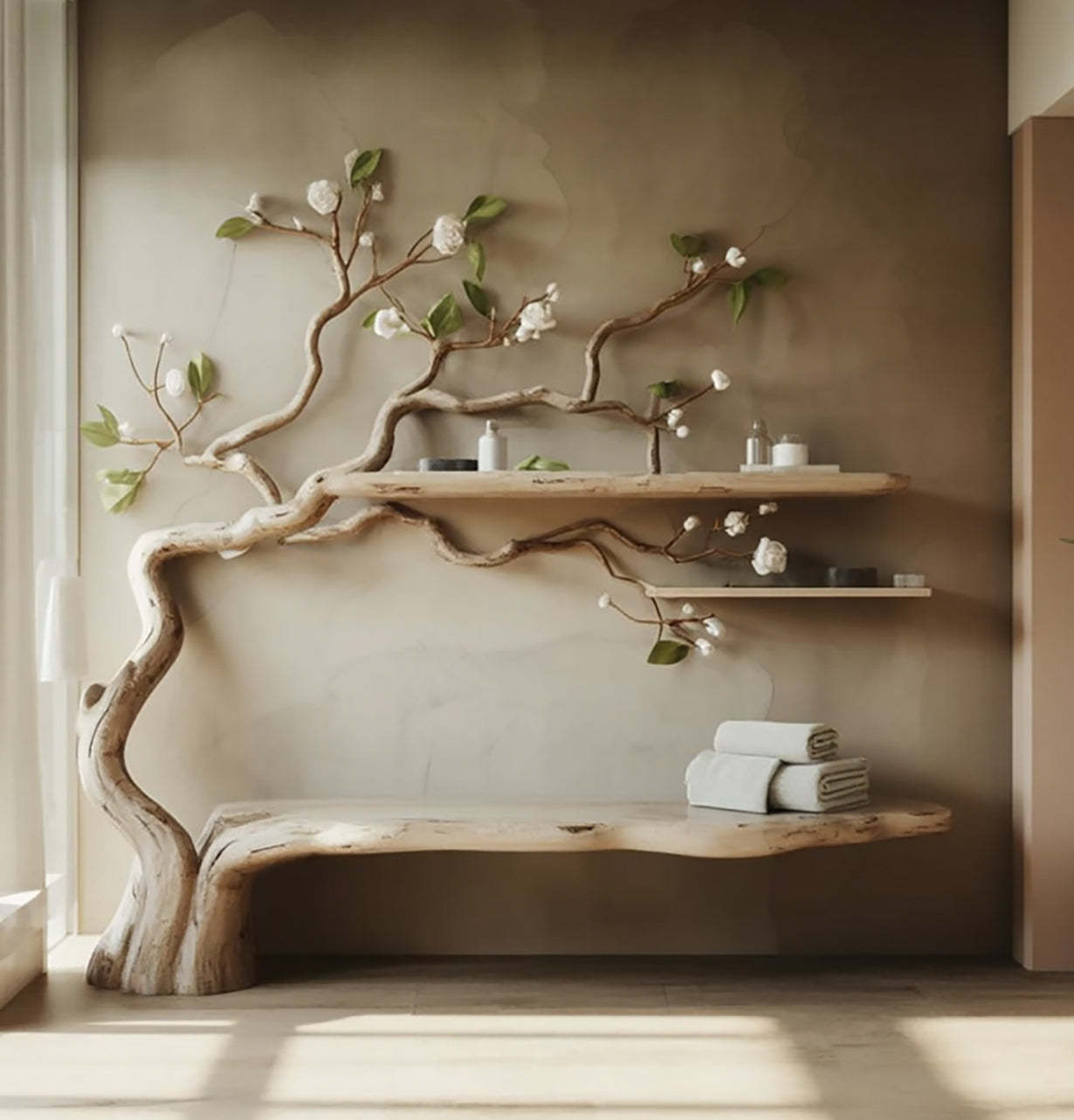 Handmade Tree-Inspired Wall Shelf & Bench – Natural Solid Wood Decorative Organizer