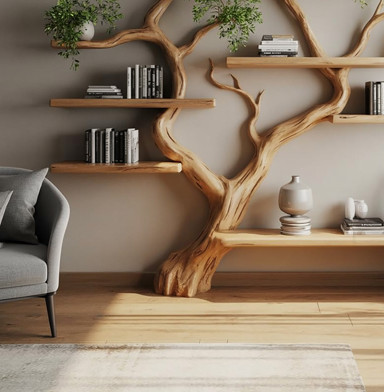 Live Edge Tree Branch Bookshelf – Handmade Wooden Wall Shelf for Modern Interiors