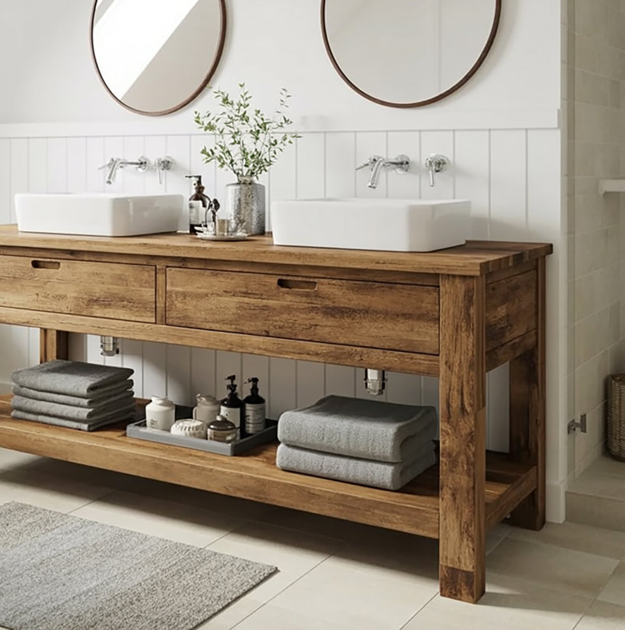Rustic Reclaimed Wood Floating Bathroom Vanity with Drawers – Farmhouse Double Sink