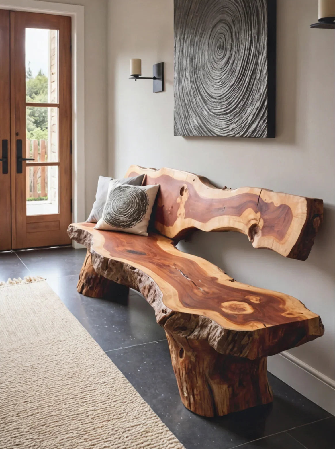 Live edge solid wood bench in modern entryway with nature-inspired decor and textured cushions.