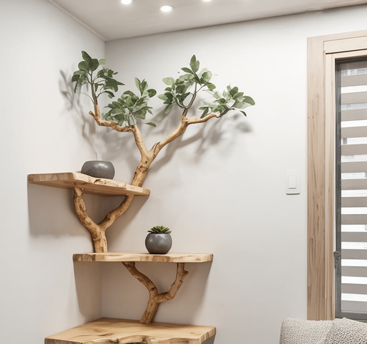 Corner Tree Shelf – Rustic Wooden Branch Floating Corner Shelves