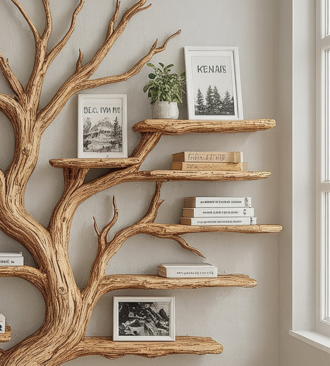 Rustic Tree Shaped Wooden Bookshelf with Branch Design for Living Room or Home Library
