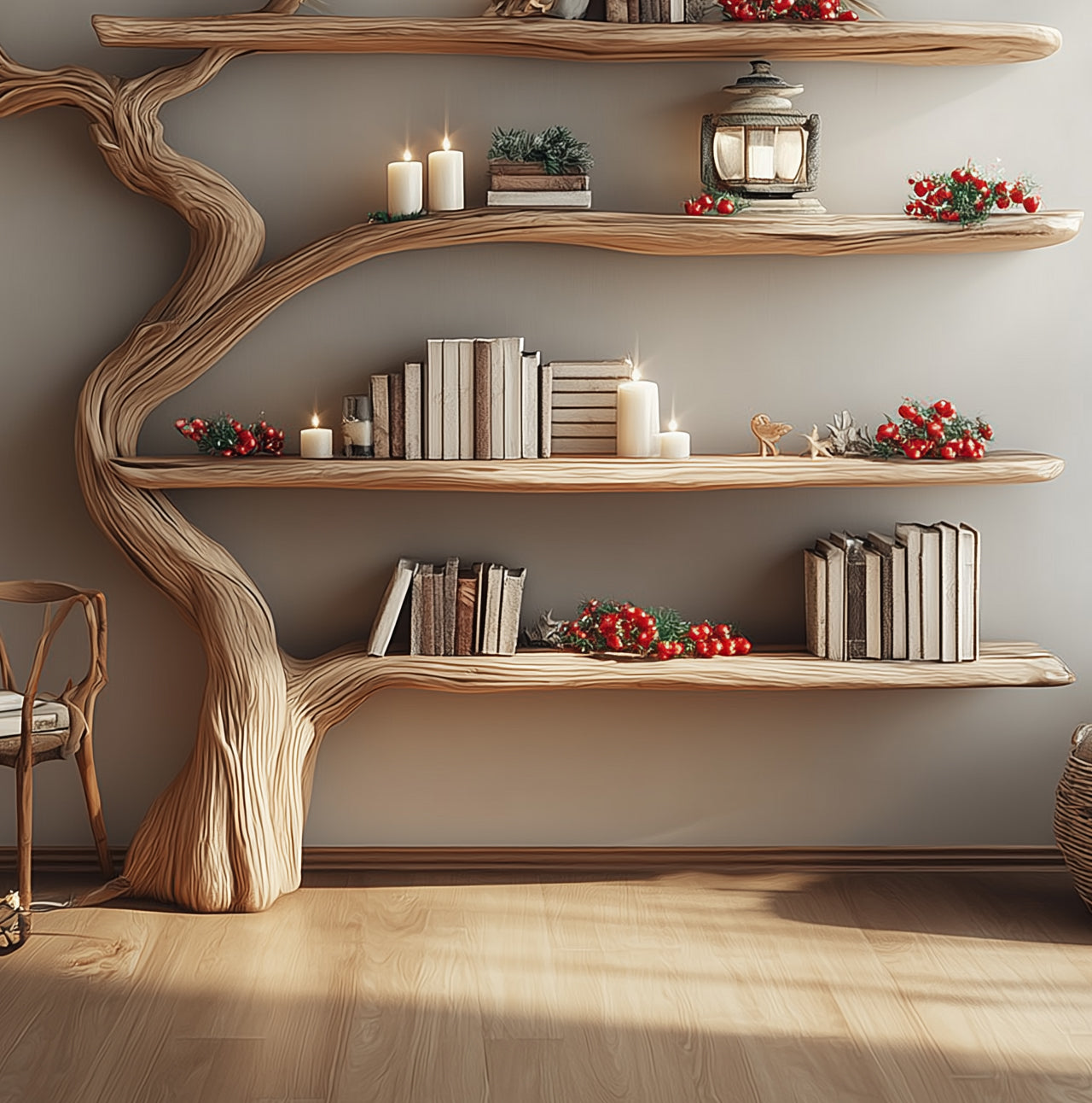 Handcrafted Tree Bookshelf – Rustic Wooden Wall-Mounted Bookcase for Home Decor