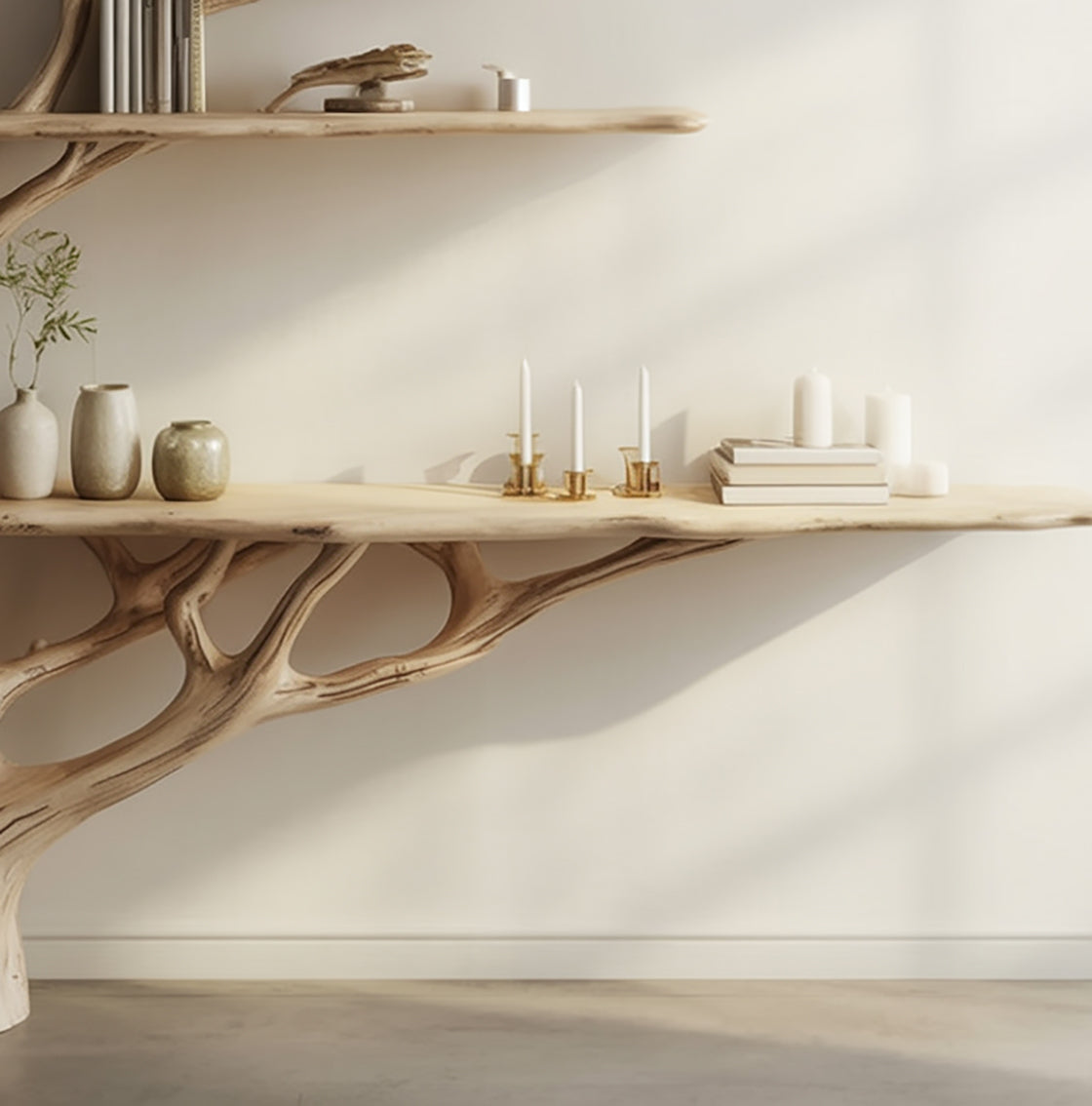 Live Edge Wood Console Table with Tree Branch Shelves – Handmade Hallway Table