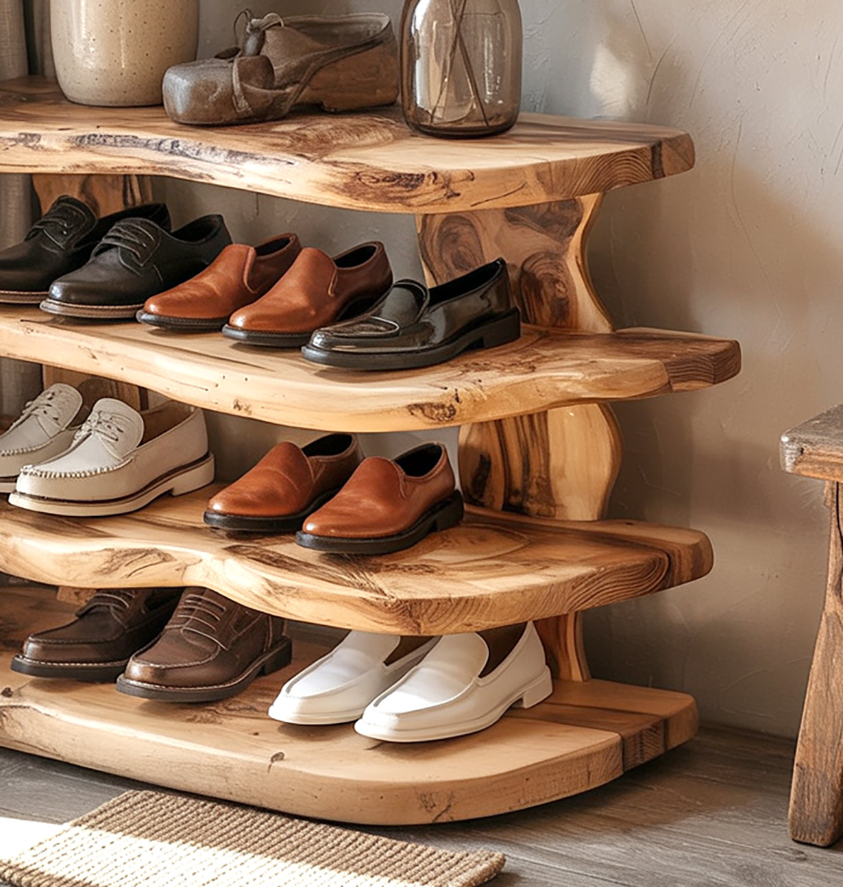 Handcrafted Live Edge Wooden Shoe Rack – Rustic Solid Wood Organizer